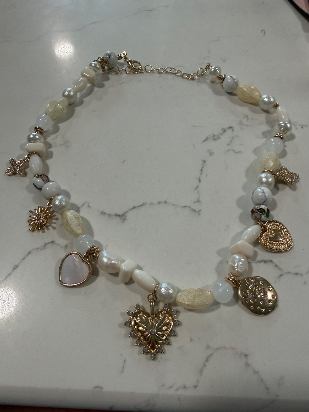 Gold & White Heart Charm Beaded Necklace - Women Jewelry